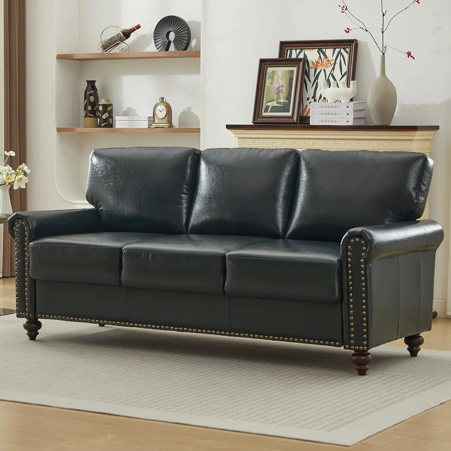 80" Faux Leather Sofa with Storage, Mid-Century Modern Rolled Arm Couches for Living Room Furniture, Easy Tool-Free Assembly
