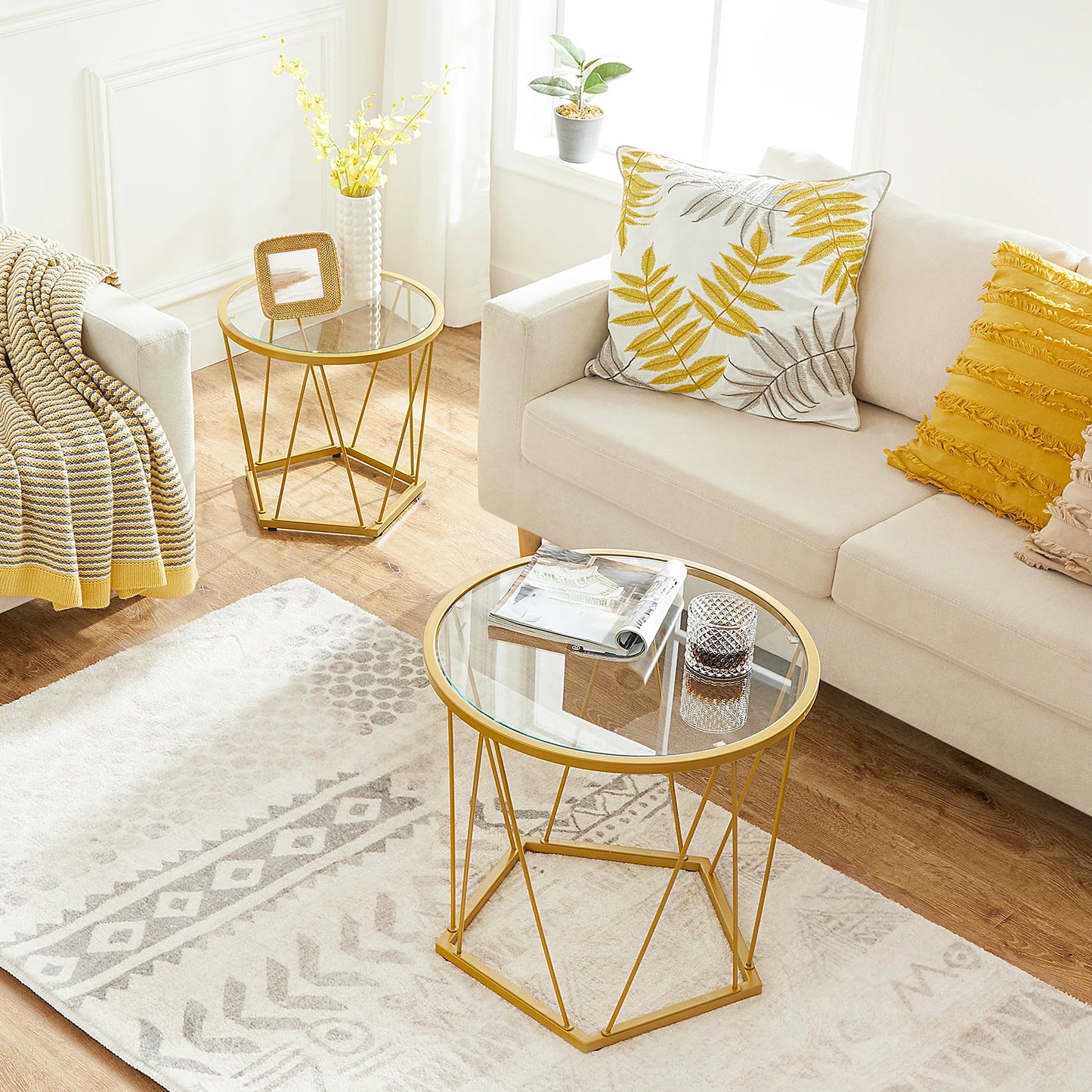 HOOBRO Round Glass Top Coffee Tables Set Of 2 Gold Frame