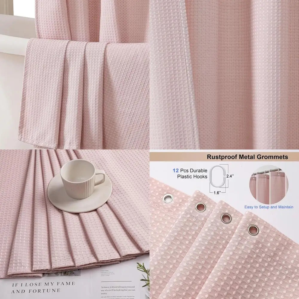Blush Pink Waffle Shower Curtain Set Heavy Duty 230GSM