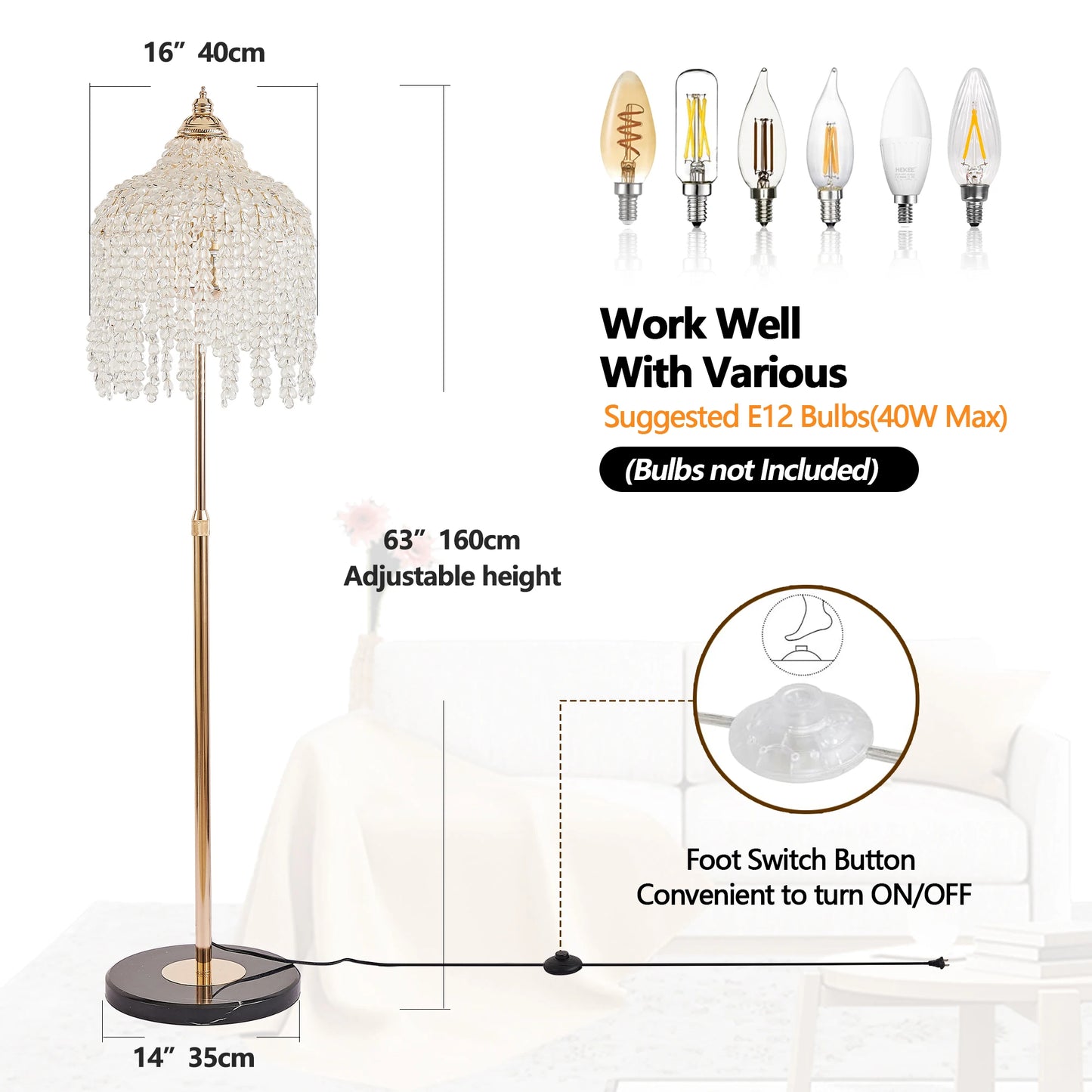 3 Light Elegant Crystal Floor Lamp Waterfall Bead Strings