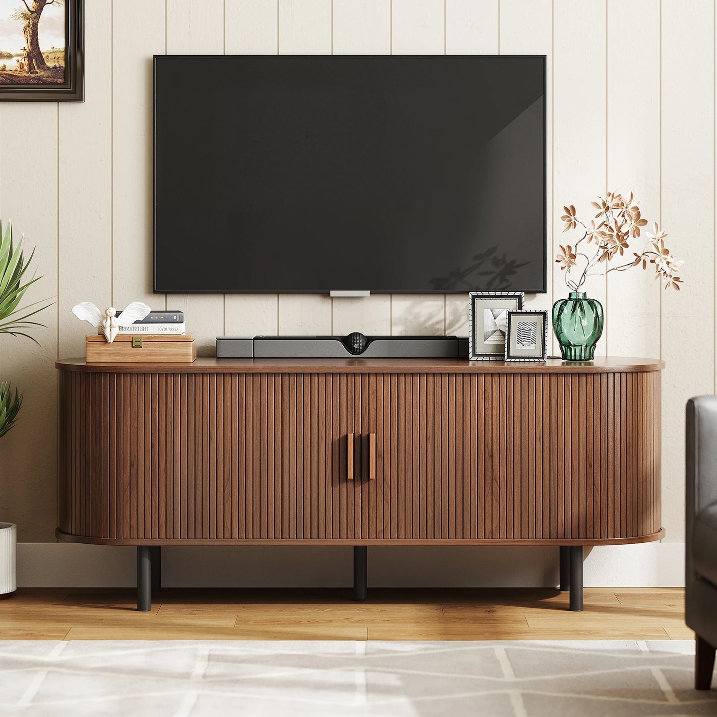 Onbrill Walnut TV Stand With Power Outlet Sliding Doors Adjustable Shelves