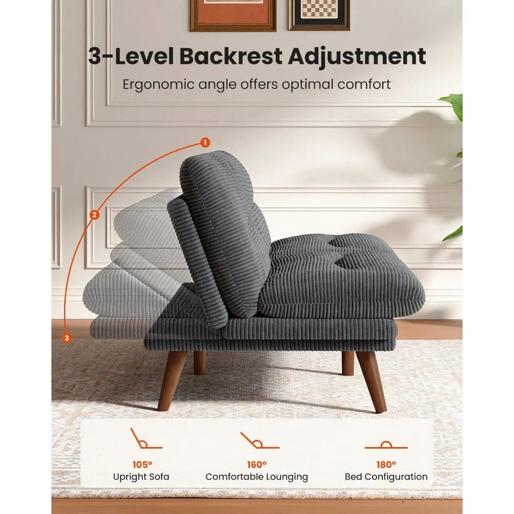 Convertible Futon Sofa Bed,66″ Grey Futon with Adjustable Backrest & Armrests,Folding Sleeper Recliner for Small Spaces, Play R