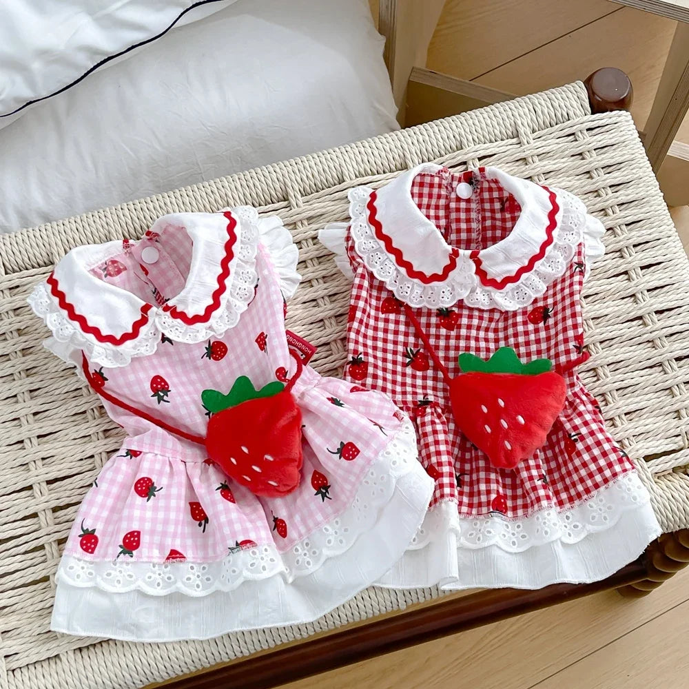 Strawberry Dress For Dogs Cotton Summer Plaid Pet Apparel