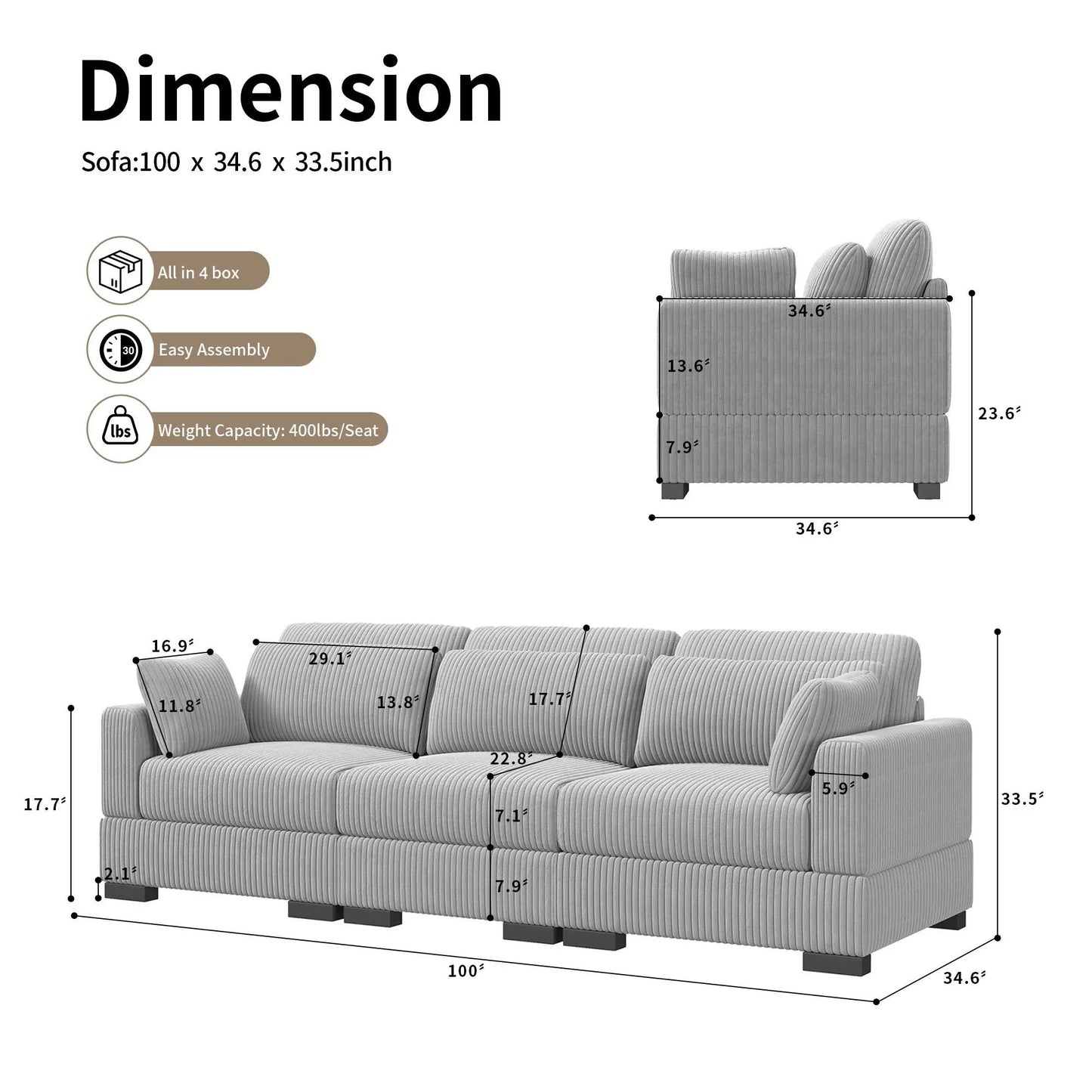 Corduroy Modular Sectional Sofa Cloud Couch 2 To 4 Seater