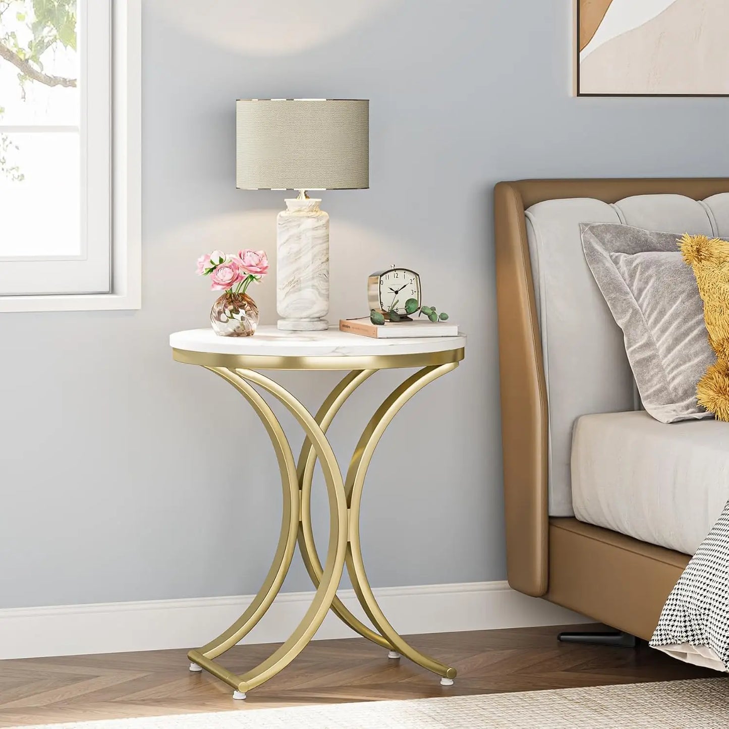 Small Round Sofa Side Table Modern Faux Marble White Gold