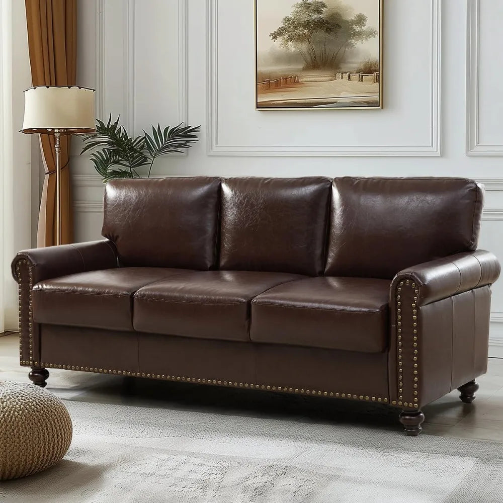 80" Faux Leather Sofa with Storage, Mid-Century Modern Rolled Arm Couches for Living Room Furniture, Easy Tool-Free Assembly