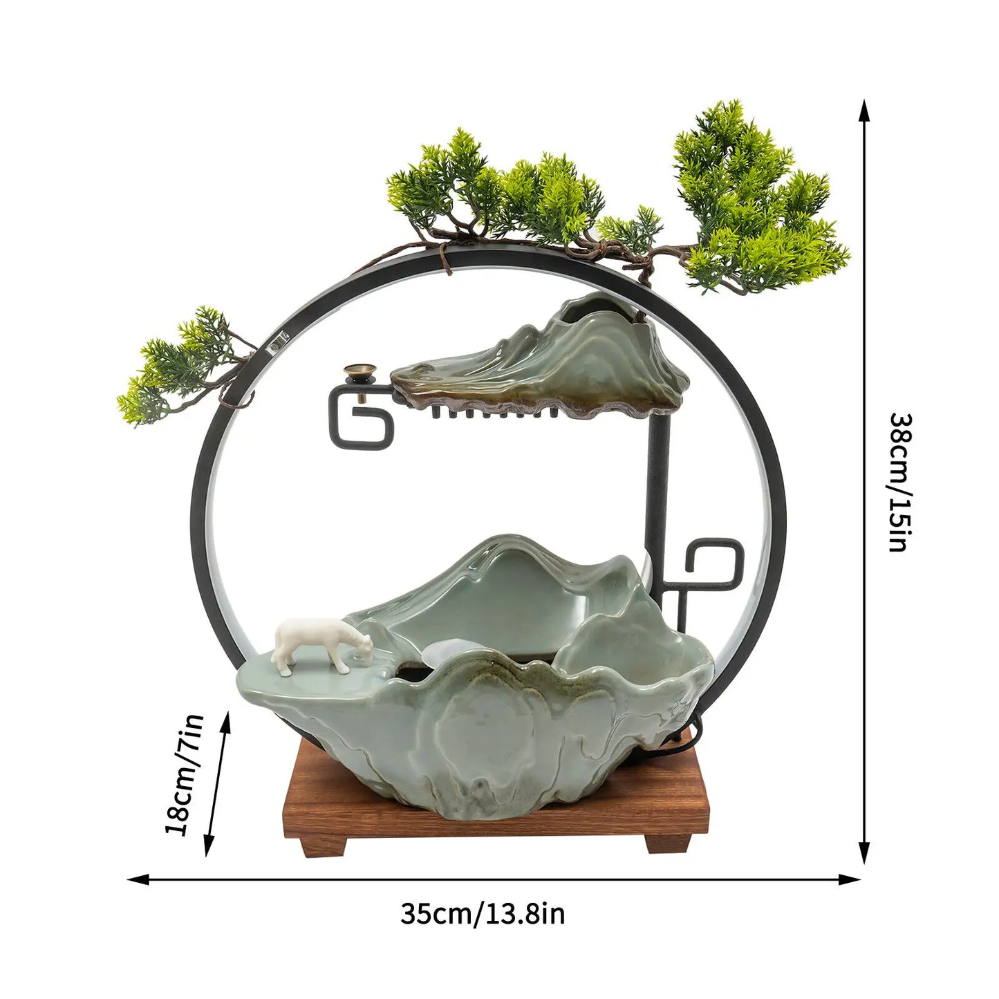 Tabletop Water Fountains Indoor Waterfall Decoration W/ Mist ,Rockery, Horse and Plants and LED for Meditation Feng Shui Decor