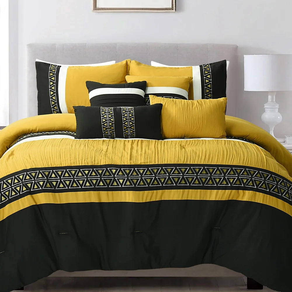 Luxurious 7 Piece Yellow Embroidered Queen Bedding Set