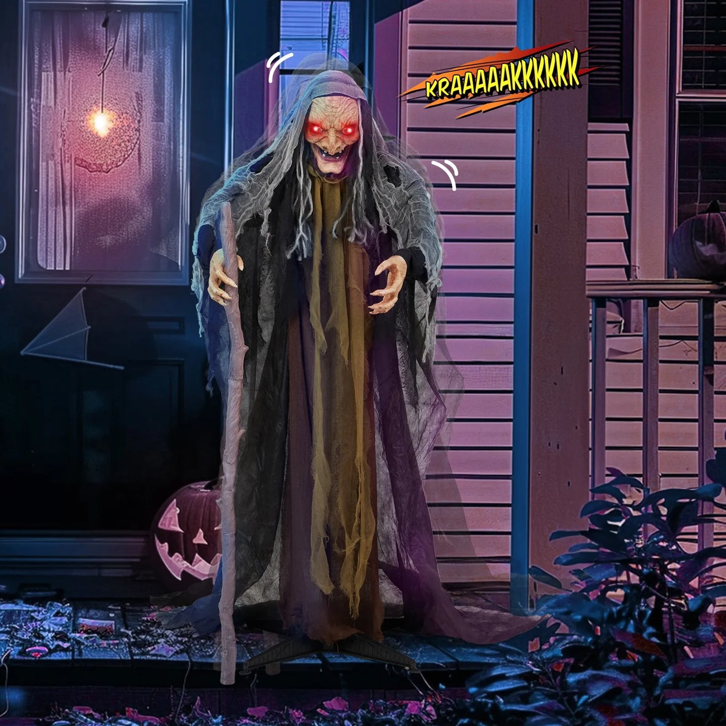 5.3ft Halloween Animated Witch With Cane Haunted House Prop