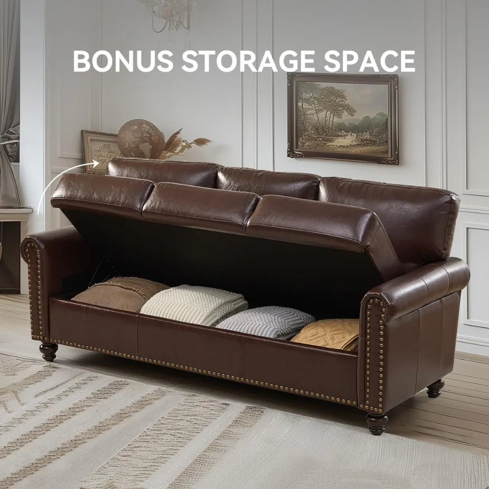 80" Faux Leather Sofa with Storage, Mid-Century Modern Rolled Arm Couches for Living Room Furniture, Easy Tool-Free Assembly