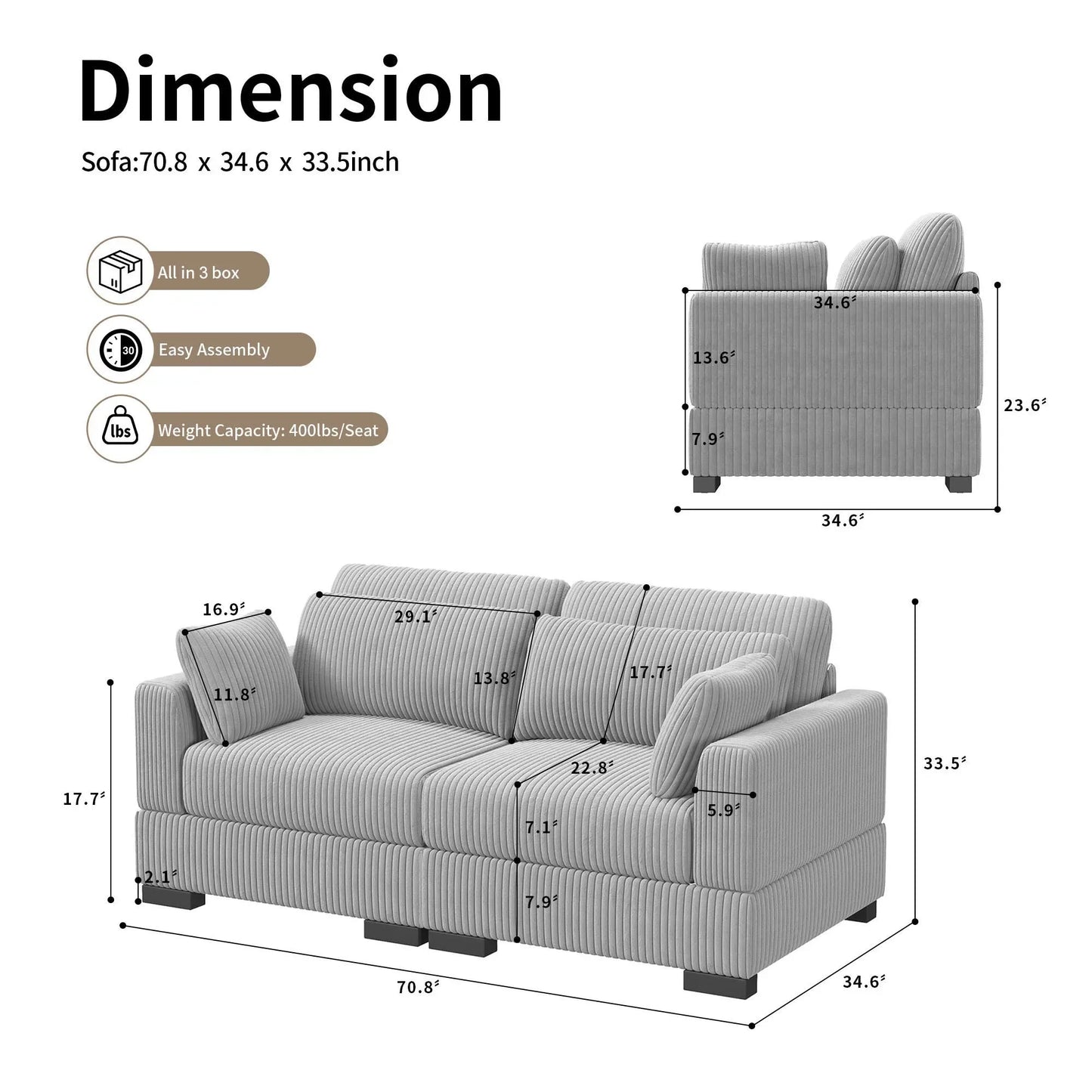 Corduroy Modular Sectional Sofa Cloud Couch 2 To 4 Seater
