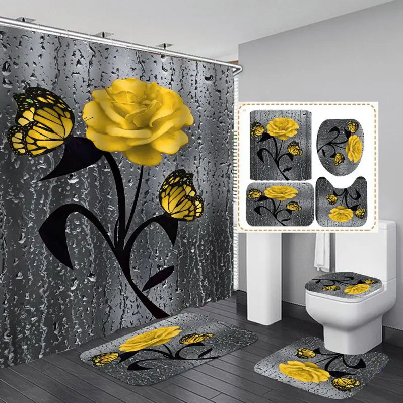 4 Piece Doormat Shower Curtain Rugs Non Slip Seat Cover