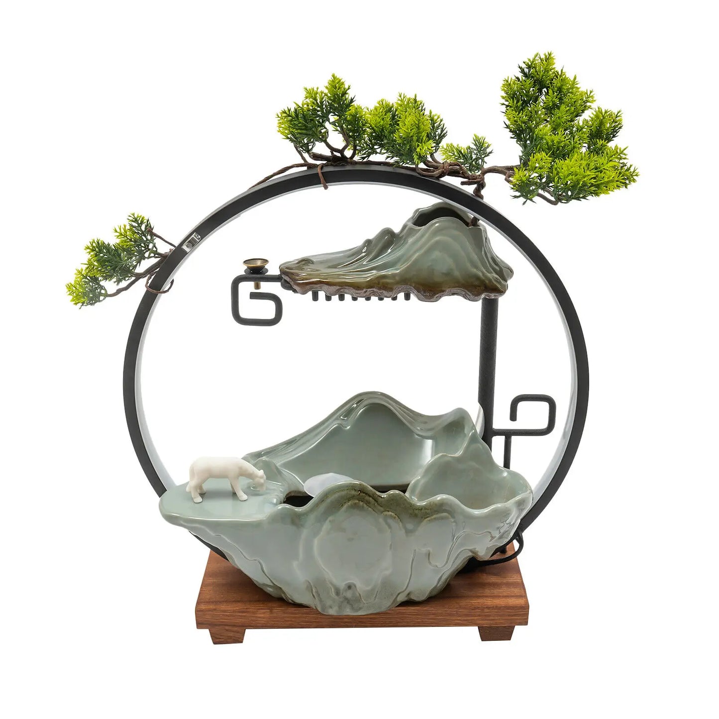 Tabletop Water Fountains Indoor Waterfall Decoration W/ Mist ,Rockery, Horse and Plants and LED for Meditation Feng Shui Decor