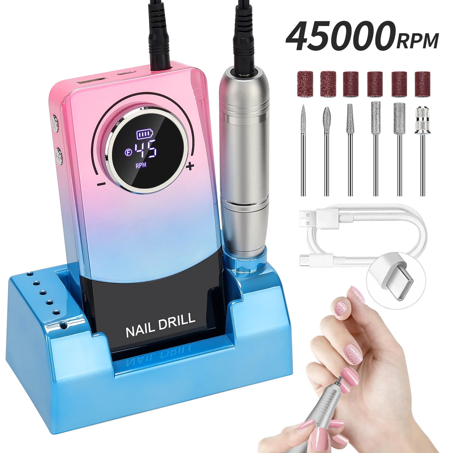 High Speed 45000RPM Professional Nail Drill Machine Rechargeable Low Noise Nail Sander File For Manicure Home Salon Tool