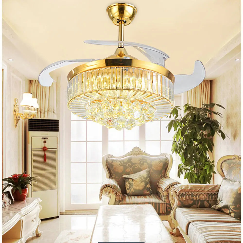 Invisible LED Ceiling Fan With Remote Crystal Chandelier