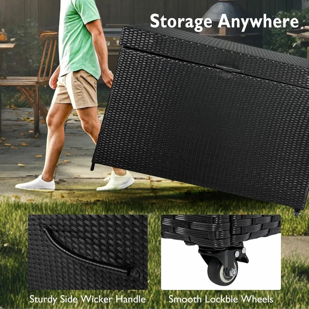 230 Gallon Outdoor Storage Box with Wheels Patio Wicker Deck Box for Furniture Cushions and Garden Tools