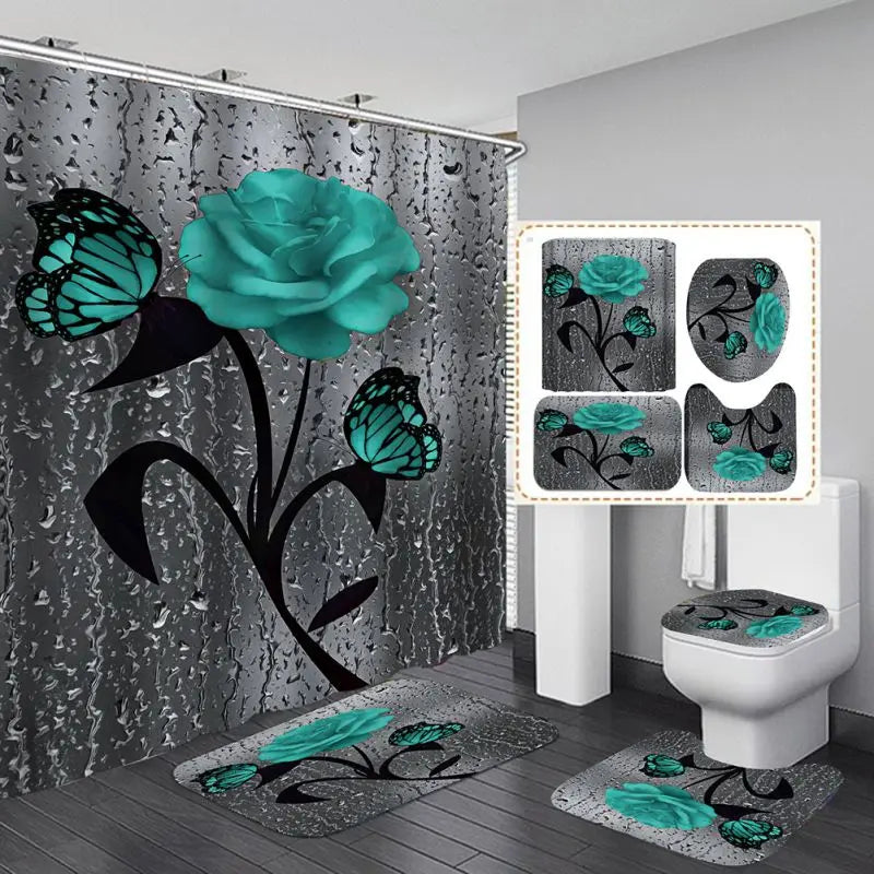 4 Piece Doormat Shower Curtain Rugs Non Slip Seat Cover