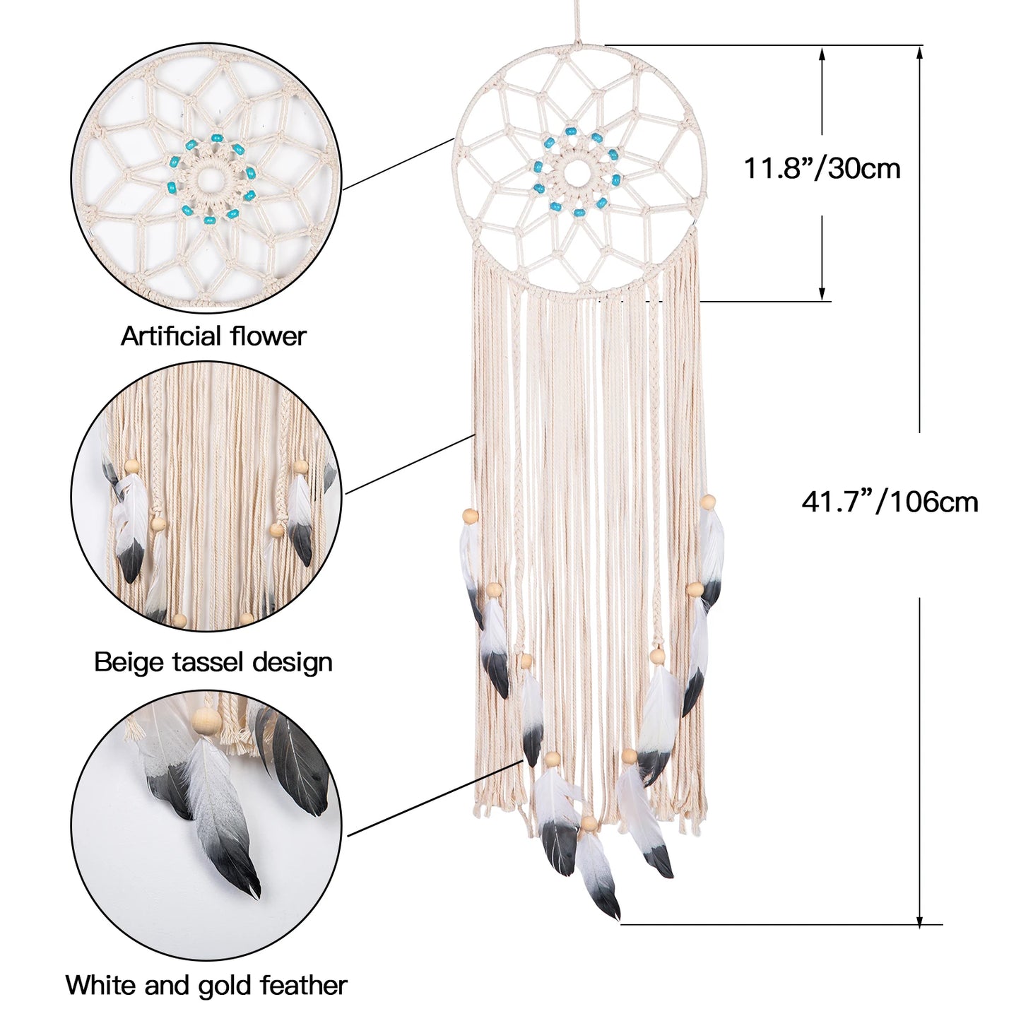 Handmade Hanging Tapestry 30CM Round Feather Wall Pendant for Study Girl Room Wedding Decorations