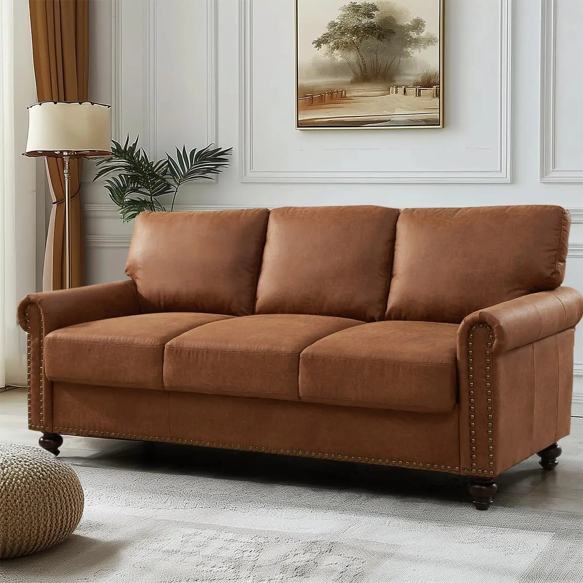 80" Faux Leather Sofa with Storage, Mid-Century Modern Rolled Arm Couches for Living Room Furniture, Easy Tool-Free Assembly