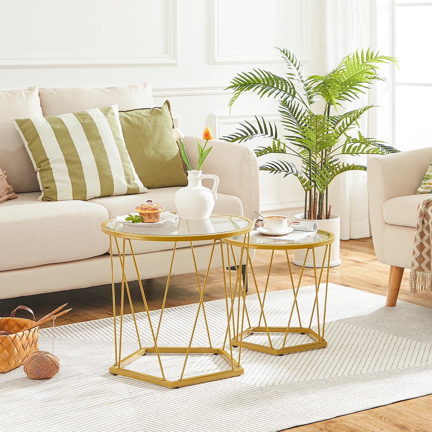 HOOBRO Round Glass Top Coffee Tables Set Of 2 Gold Frame