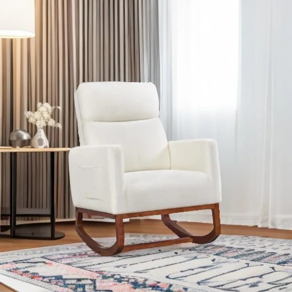 Ivory Boucle Rocking Chair With High Back And Side Pocket