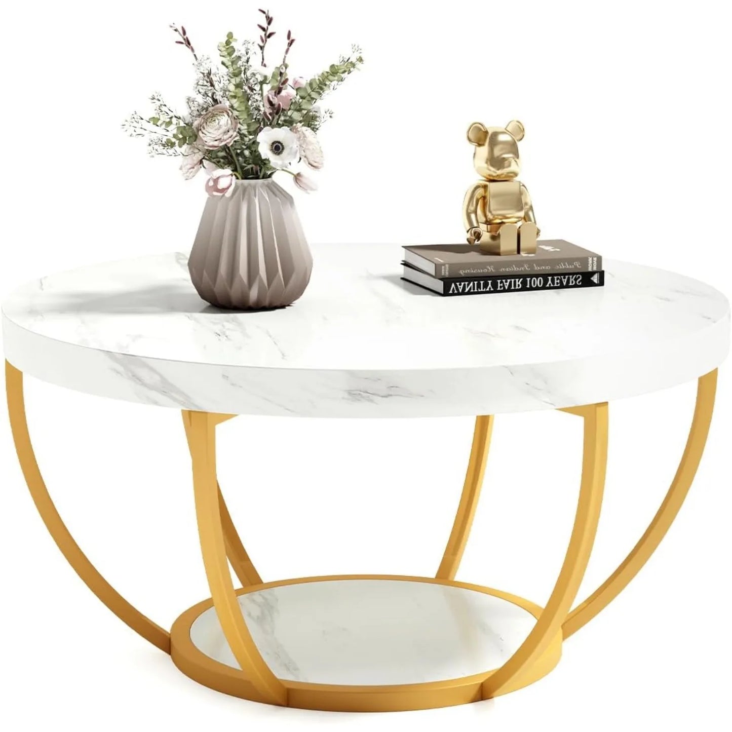 32 Inch Circle Marble Coffee Table Two Tier Golden Legs