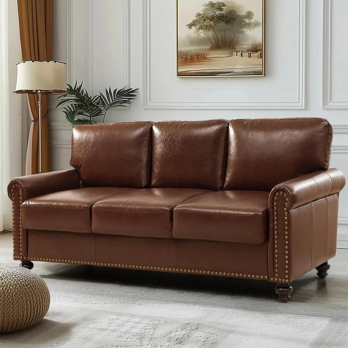 80" Faux Leather Sofa with Storage, Mid-Century Modern Rolled Arm Couches for Living Room Furniture, Easy Tool-Free Assembly