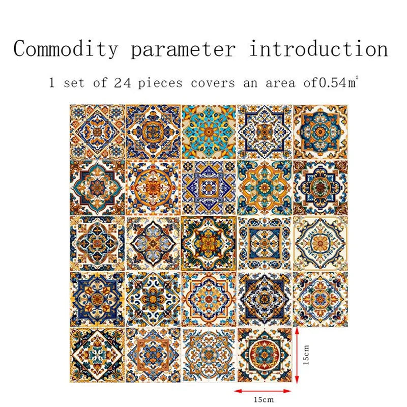 24PCS Moroccan Style Tile Sticker Traditional DIY Murals Tile Waterproof Oil Proof Removable Decals Bathroom Kitchen Backsplash