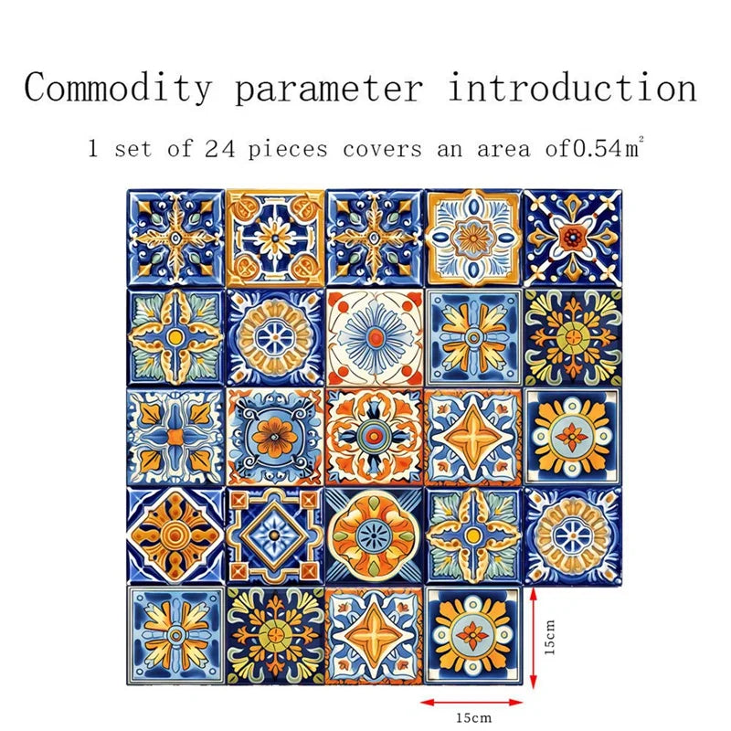 24PCS Moroccan Style Tile Sticker Traditional DIY Murals Tile Waterproof Oil Proof Removable Decals Bathroom Kitchen Backsplash
