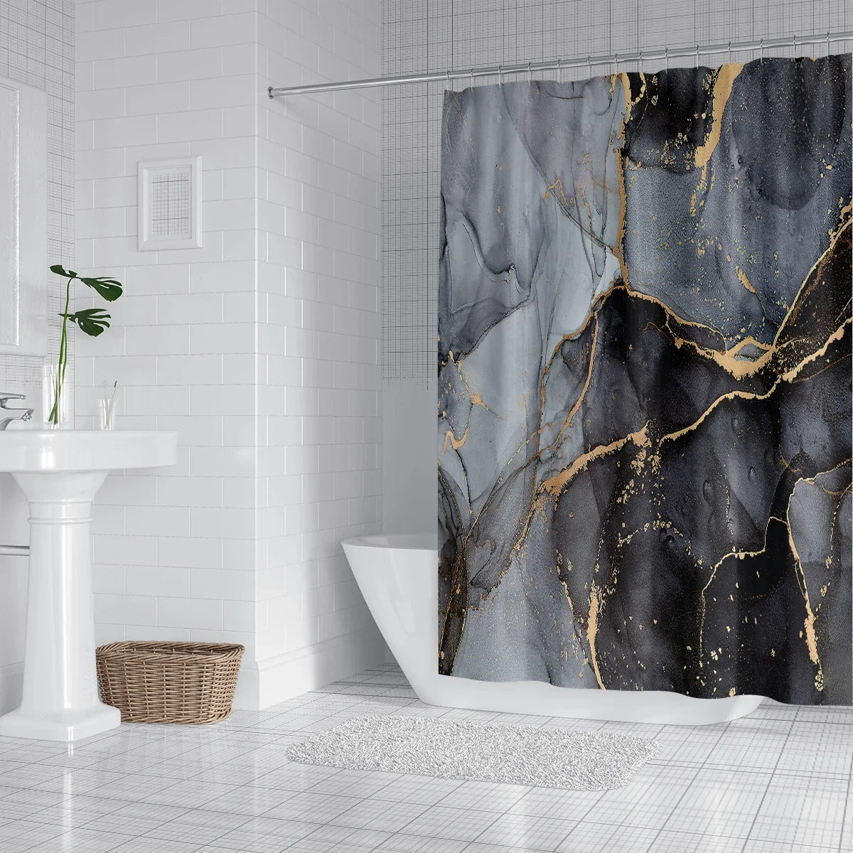 Black Marble Pattern Shower Curtain 180x180cm Mold Resistant