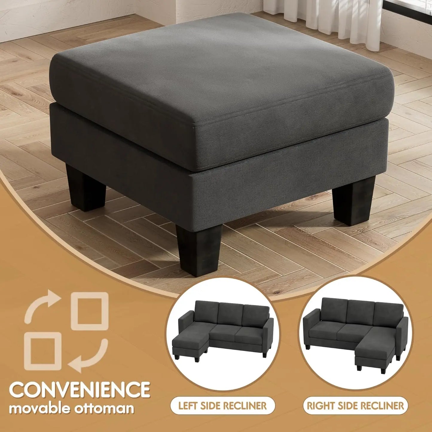 L Shaped 3 Seat Sofa With Linen Fabric Ottoman For Small Apartments Dark Gray