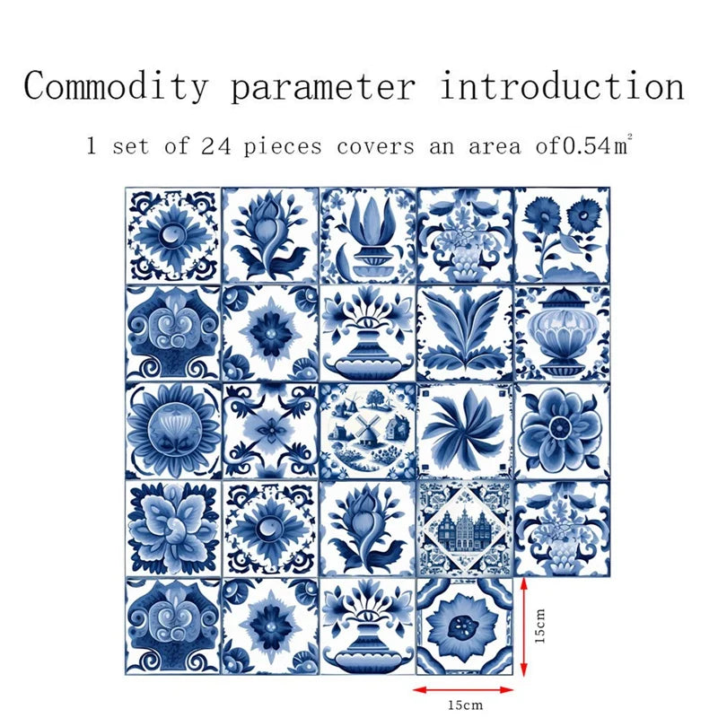 24PCS Moroccan Style Tile Sticker Traditional DIY Murals Tile Waterproof Oil Proof Removable Decals Bathroom Kitchen Backsplash