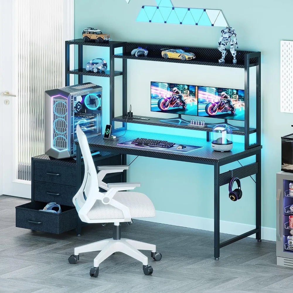 48 Inch Gaming Desk With Hutch USB Ports LED Lights
