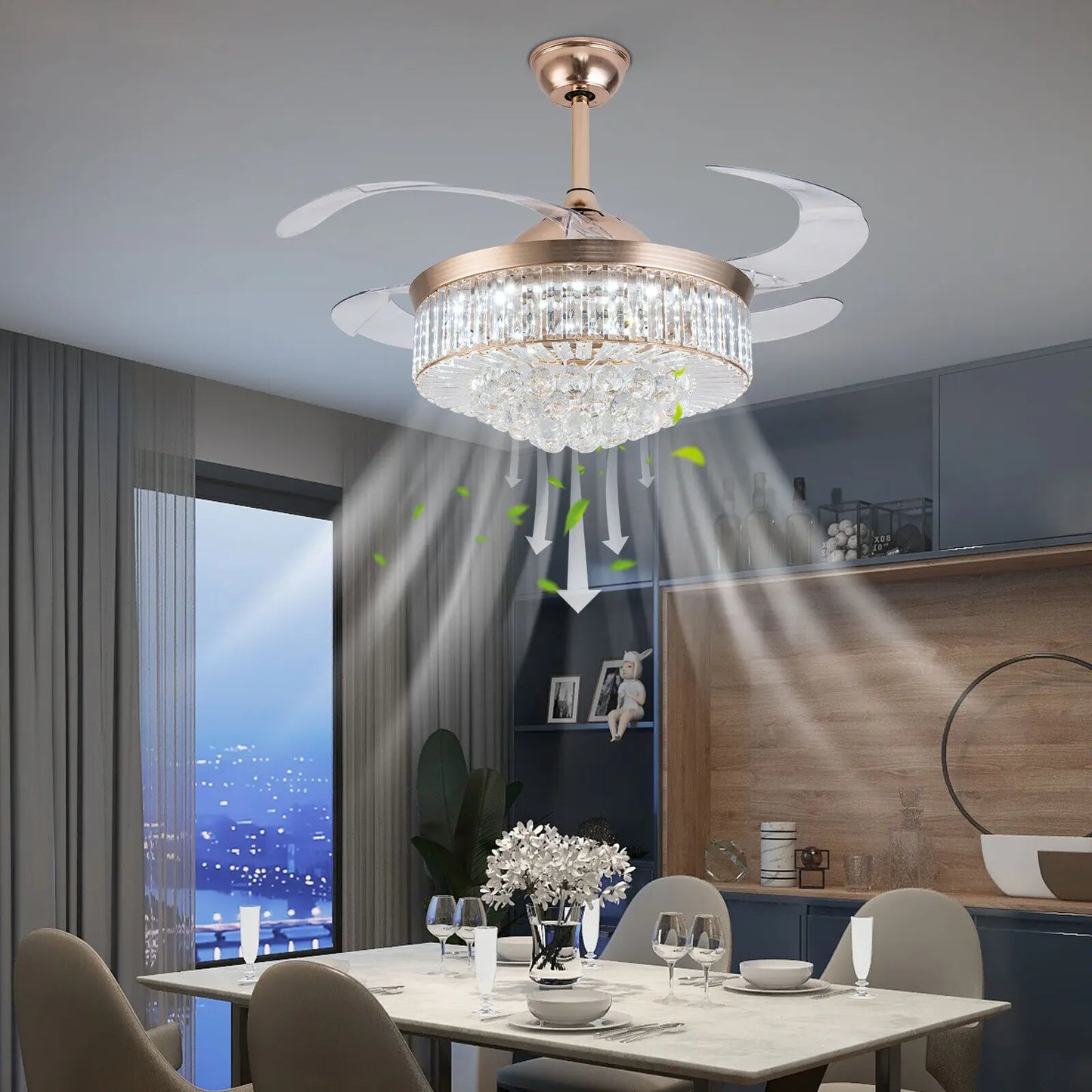 Invisible LED Ceiling Fan With Remote Crystal Chandelier