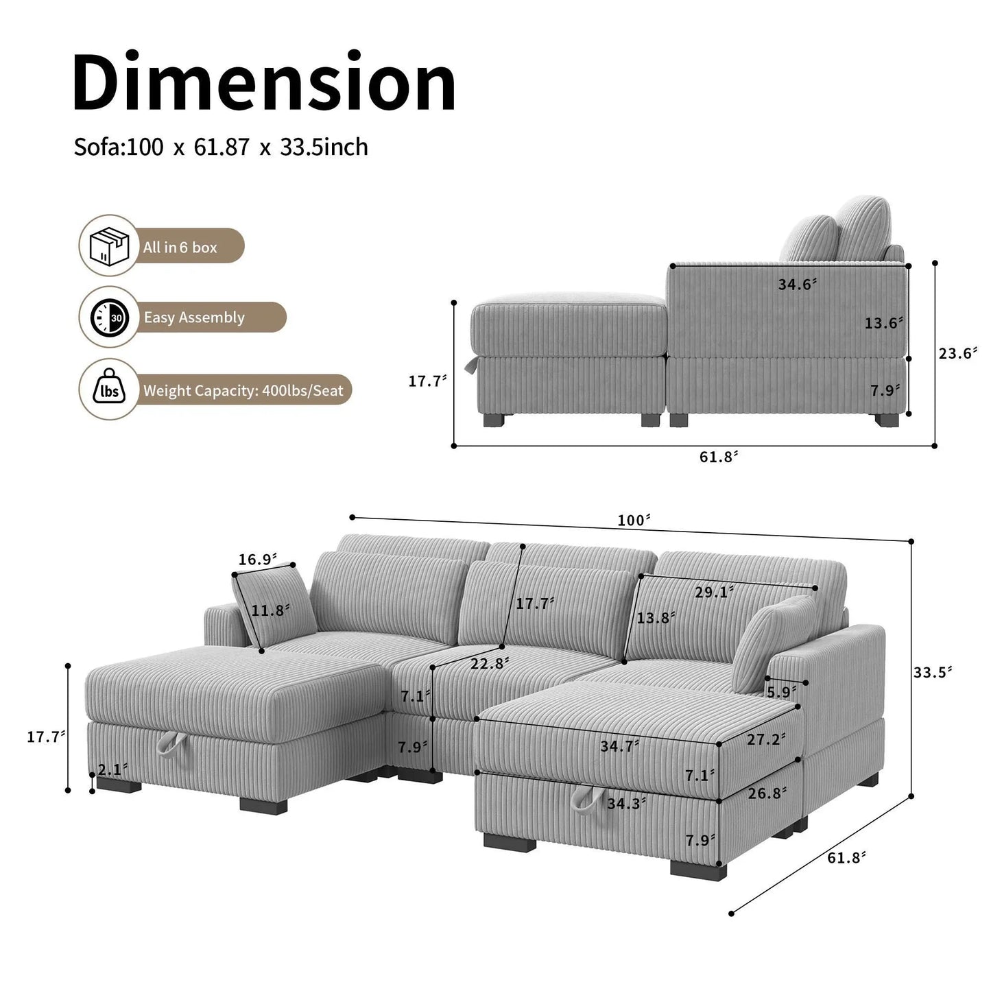 Corduroy Modular Sectional Sofa Cloud Couch 2 To 4 Seater