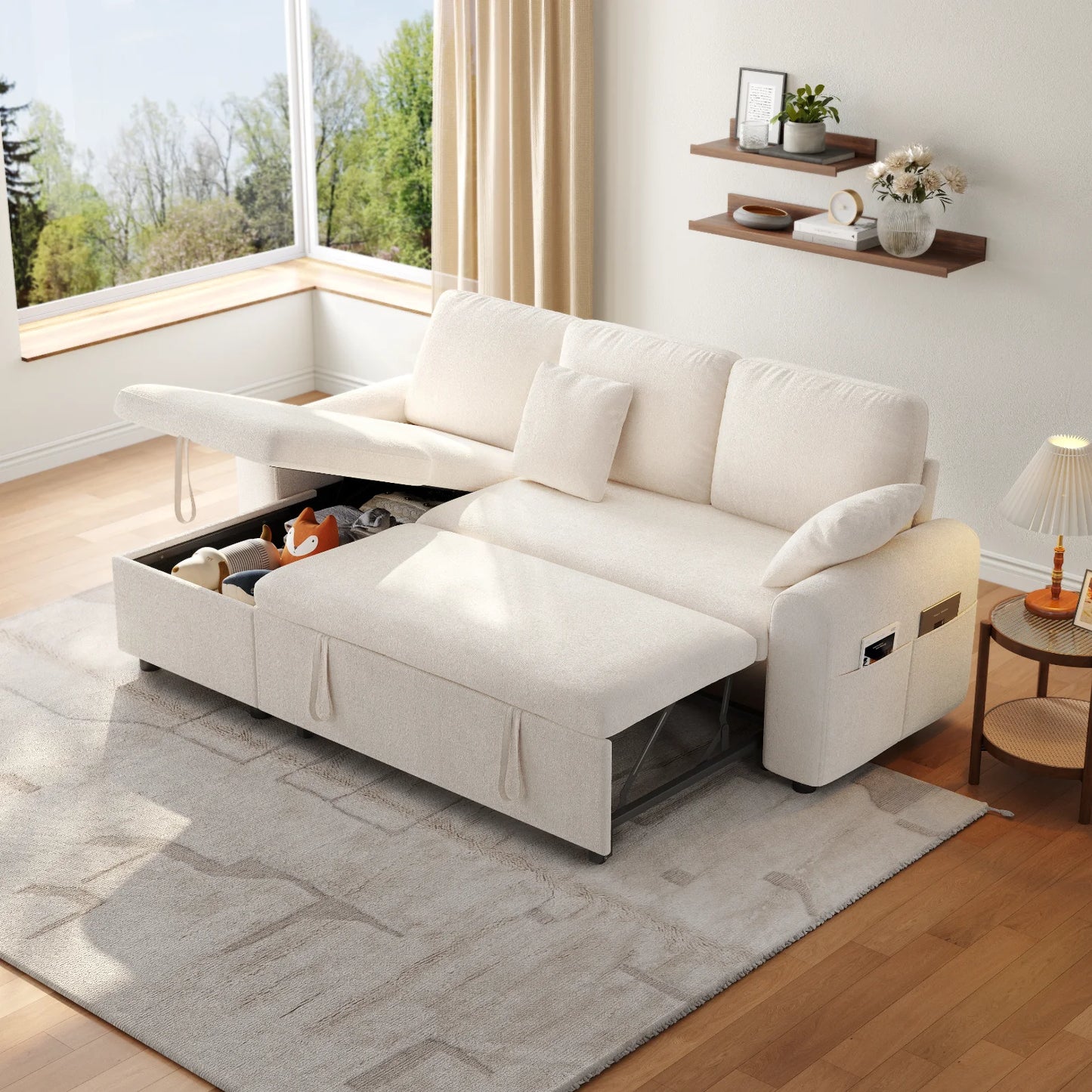 L Shaped Sleeper Sofa 85In Pullout Bed With Storage Chaise