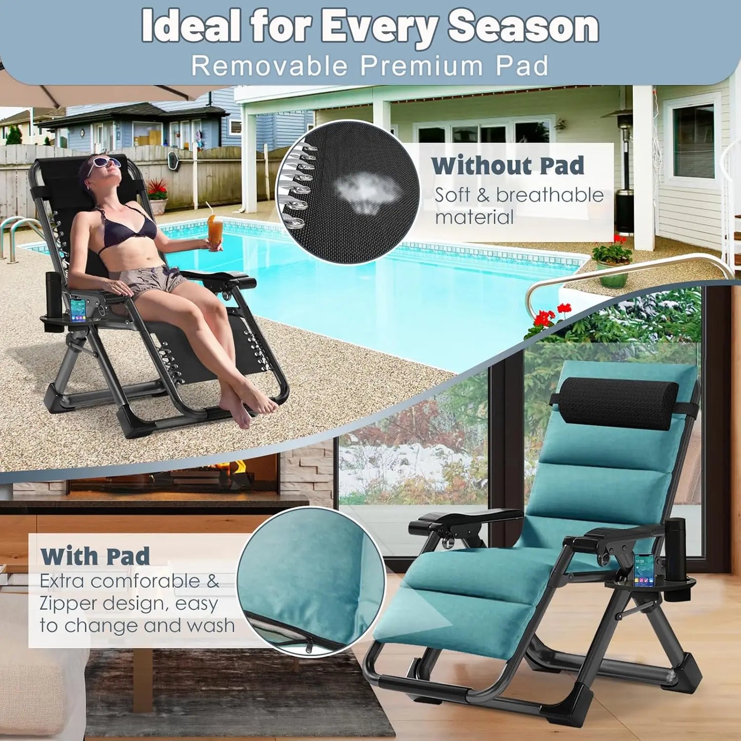 Zero Gravity Chair, Reclining Lounge Chair with Removable Cushion & Tray for Indoor and Outdoor, Patio Recliner Folding Reclinin