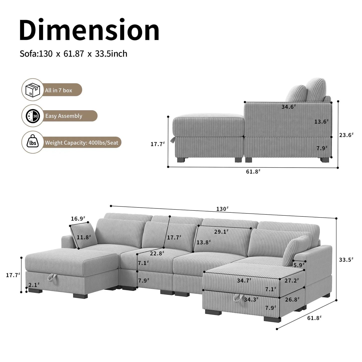 Corduroy Modular Sectional Sofa Cloud Couch 2 To 4 Seater
