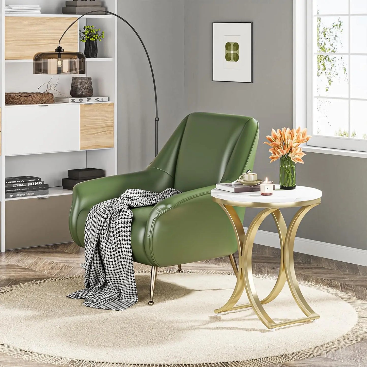 Small Round Sofa Side Table Modern Faux Marble White Gold