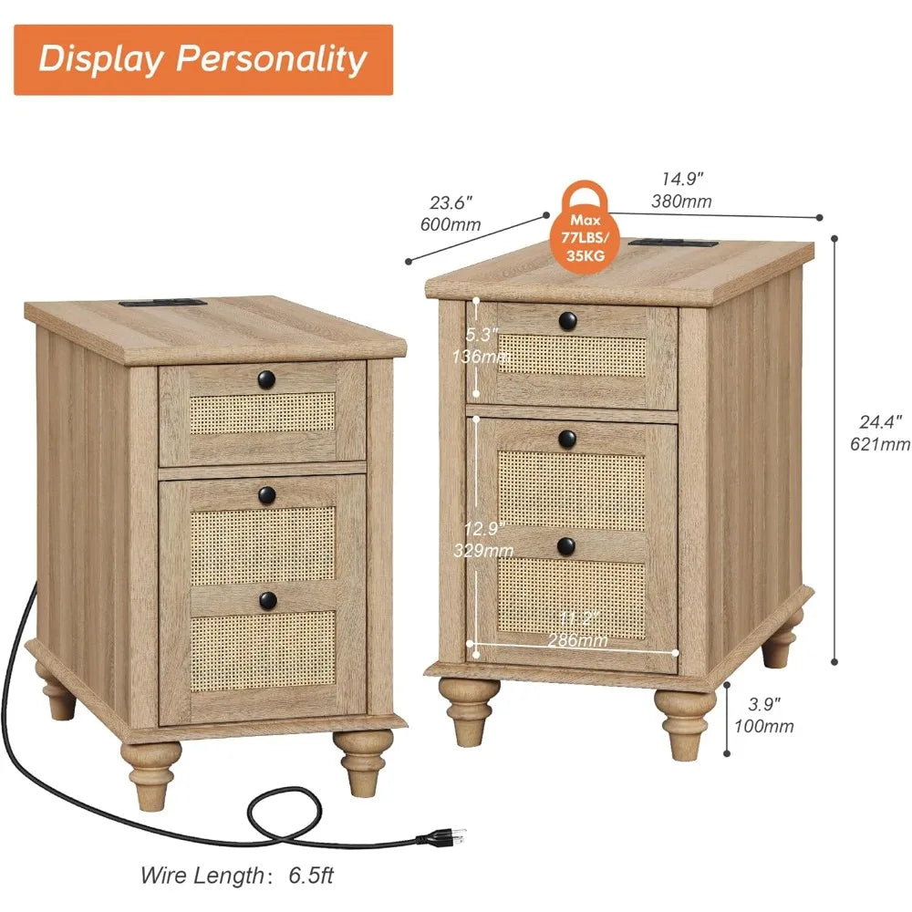 Duo Pack Charging End Tables With Storage Rattan Nightstand