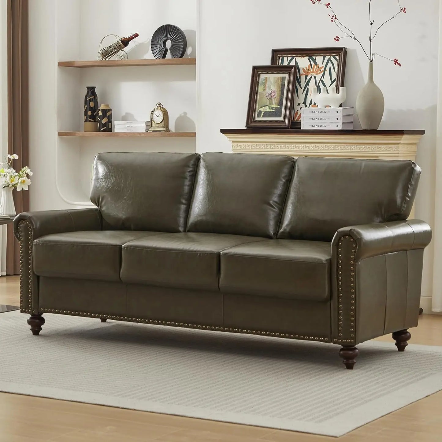 80" Faux Leather Sofa with Storage, Mid-Century Modern Rolled Arm Couches for Living Room Furniture, Easy Tool-Free Assembly