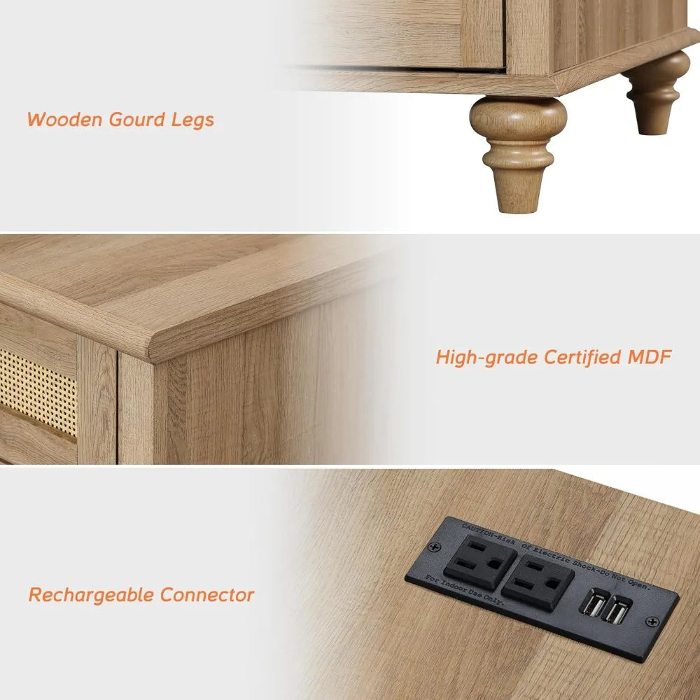 Duo Pack Charging End Tables With Storage Rattan Nightstand