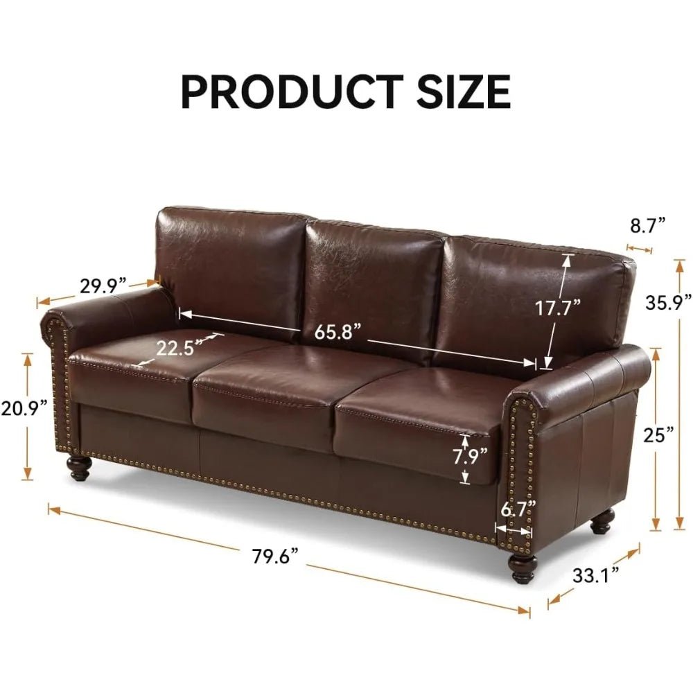 80" Faux Leather Sofa with Storage, Mid-Century Modern Rolled Arm Couches for Living Room Furniture, Easy Tool-Free Assembly