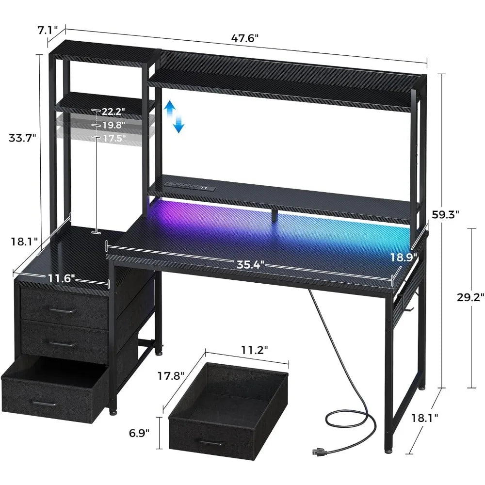 48 Inch Gaming Desk With Hutch USB Ports LED Lights
