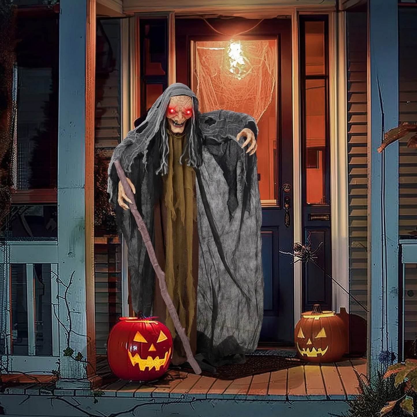 5.3ft Halloween Animated Witch With Cane Haunted House Prop