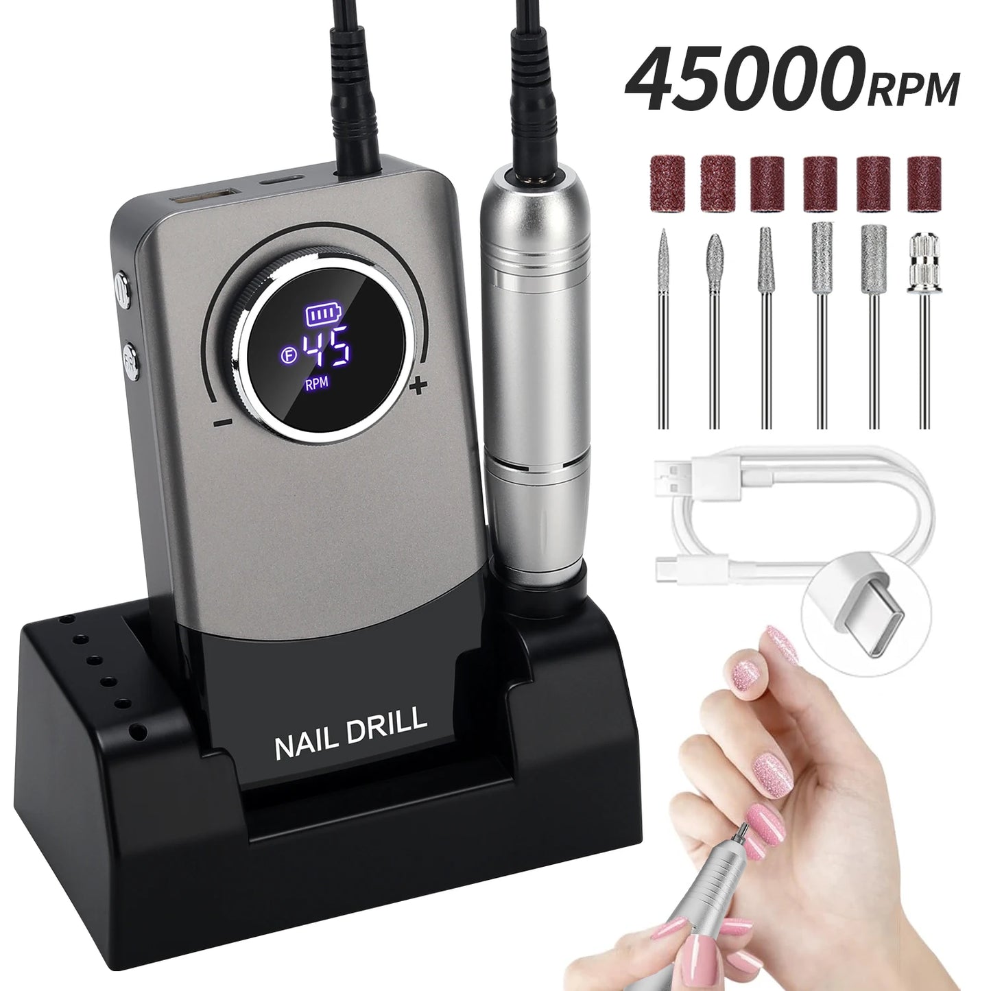 High Speed 45000RPM Professional Nail Drill Machine Rechargeable Low Noise Nail Sander File For Manicure Home Salon Tool