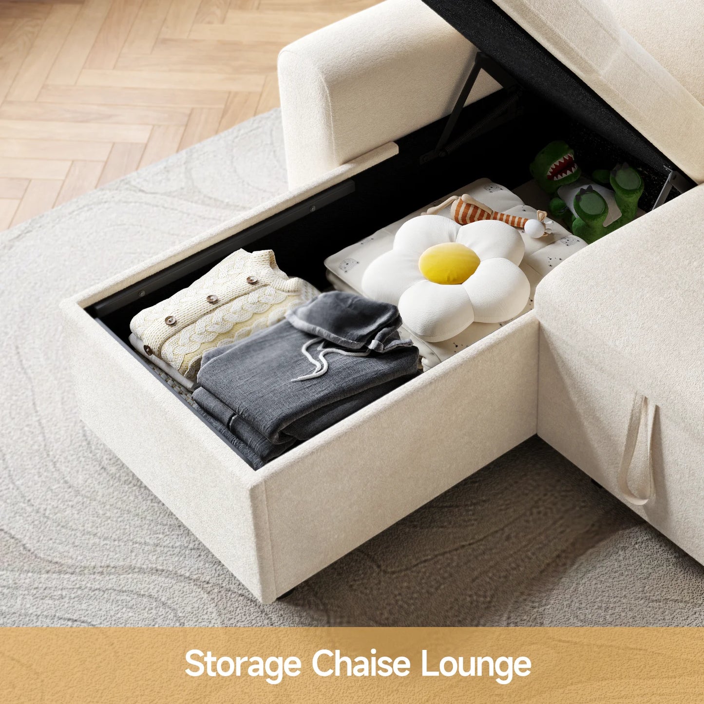L Shaped Sleeper Sofa 85In Pullout Bed With Storage Chaise