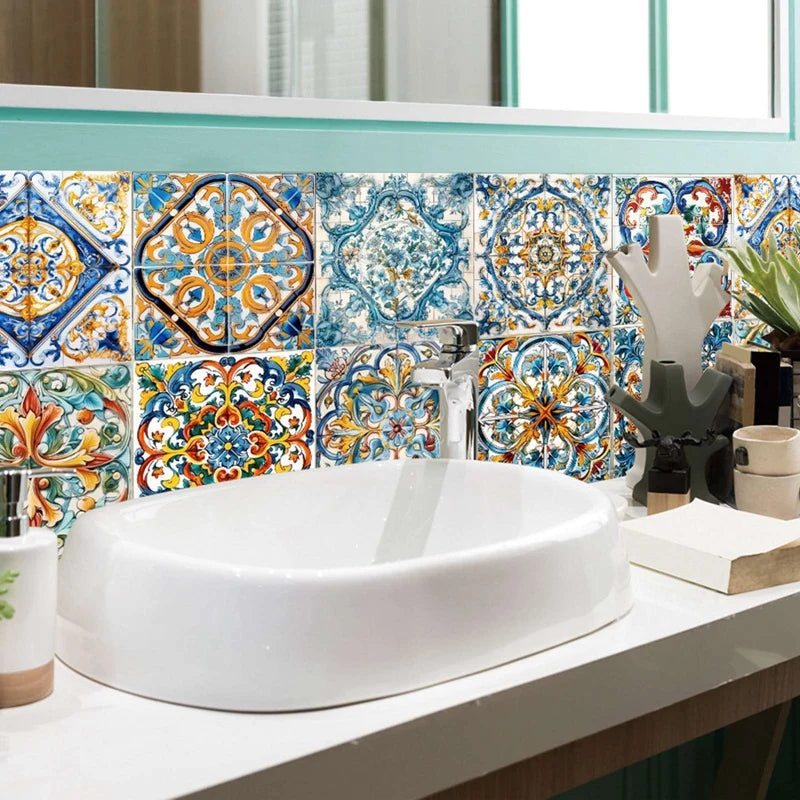 24PCS Moroccan Style Tile Sticker Traditional DIY Murals Tile Waterproof Oil Proof Removable Decals Bathroom Kitchen Backsplash