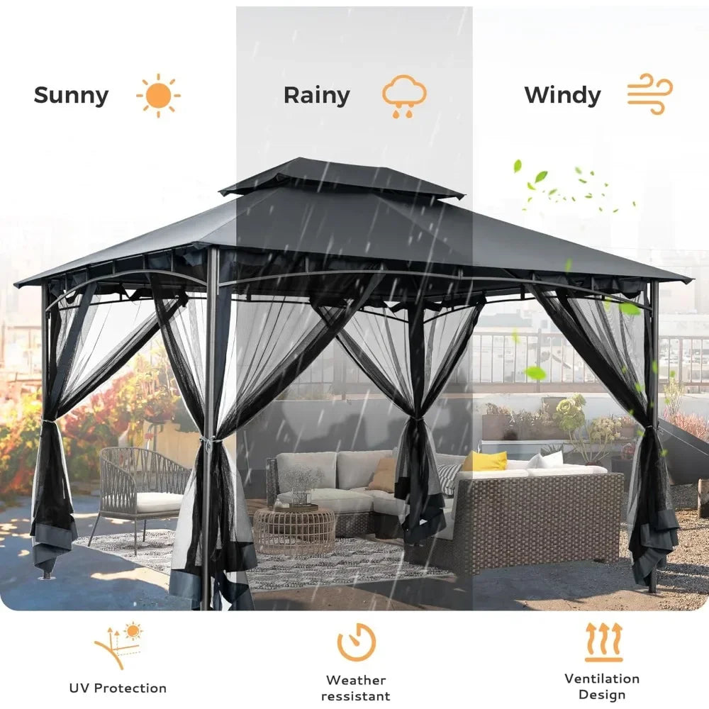 Patio Gazebo with Ventilated Double Roof & Mosquito Netting – Metal Frame & Soft Top Canopy for Backyard Use