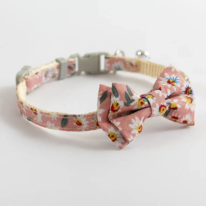 Dog Pink Cat Blue Neck Collar Bowknot Tie Print Cotton Fabric Sunflower Small Pet Daisy Bow